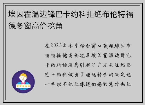 埃因霍温边锋巴卡约科拒绝布伦特福德冬窗高价挖角 埃因霍温边锋巴卡约科拒绝布伦特福德冬窗高价挖角